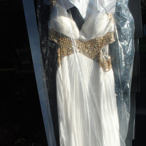 White and Gold Prom Dress still in plastic